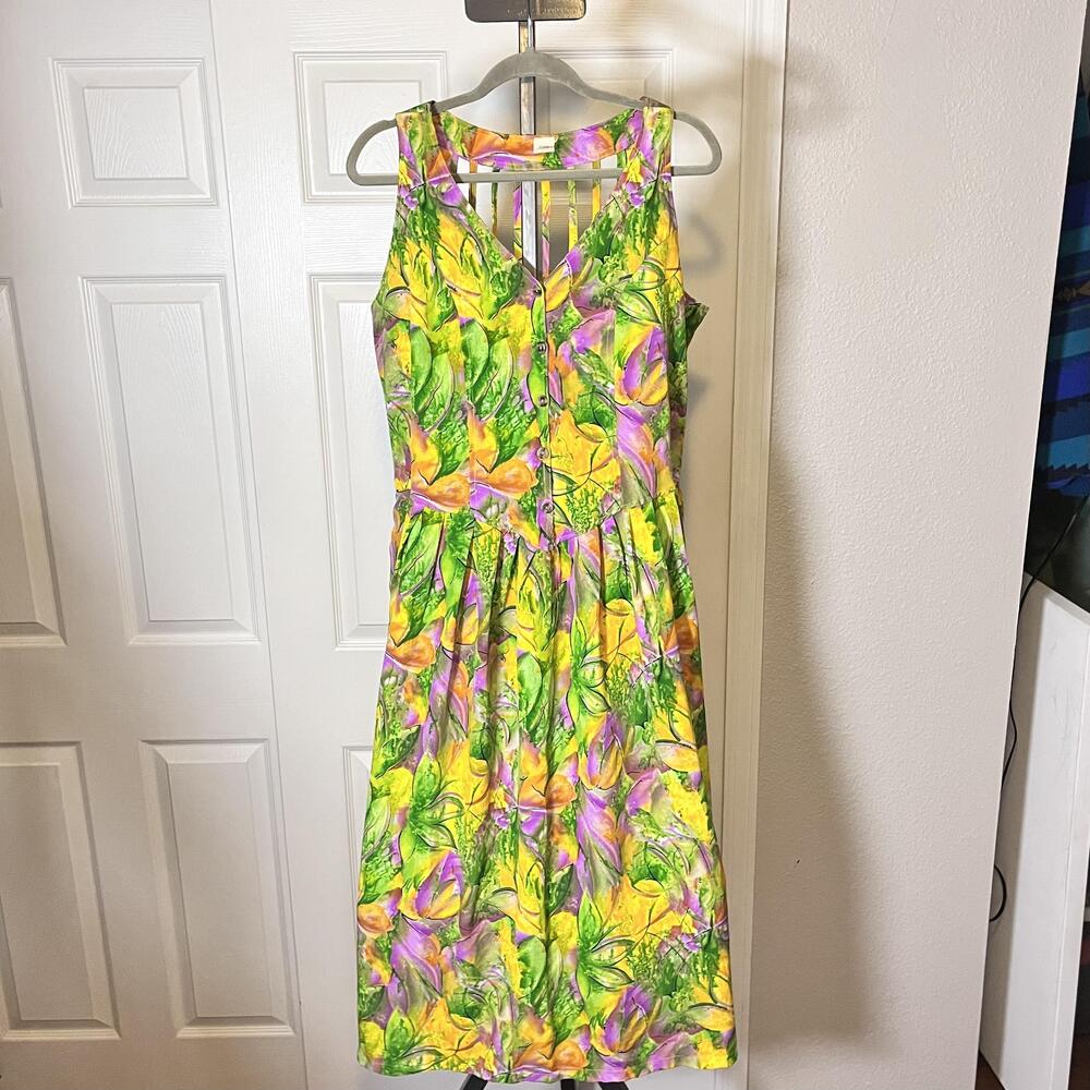 Vintage Tropical Floral Dress Day Glow 1960s Rayon Midi Sundress Fit Flare USA